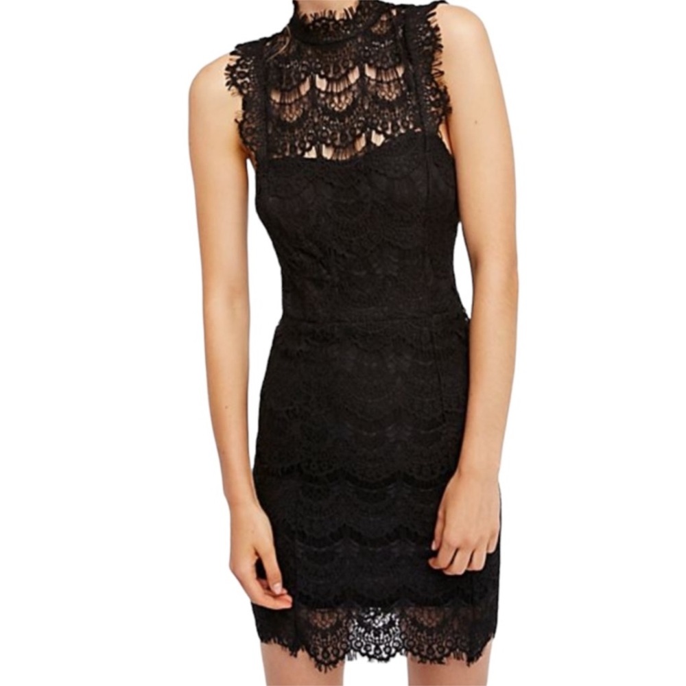 FREE PEOPLE Intimately Daydream Lace Bodycon High Neck Cut Out Slip Dress, Black